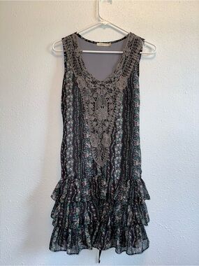 Hazel Floral Lace-Trim Black Mini Dress with Ruffled Hem